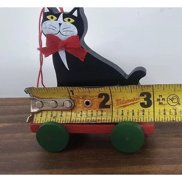 Vtg Midwest Wood Black Cat On Red Cart Christmas Ornament Shelf Sitter Pull Toy - Picture 7 of 8